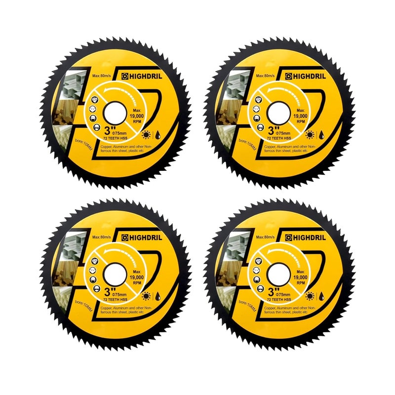 HIGHDRIL HSS Metal Blade 3" 75mm x Arbor 3/8" 10mm - 4pcs Angle Grinder Cutting Disc for Cutting Copper Aluminum Plastic Soft Metal - Image 1